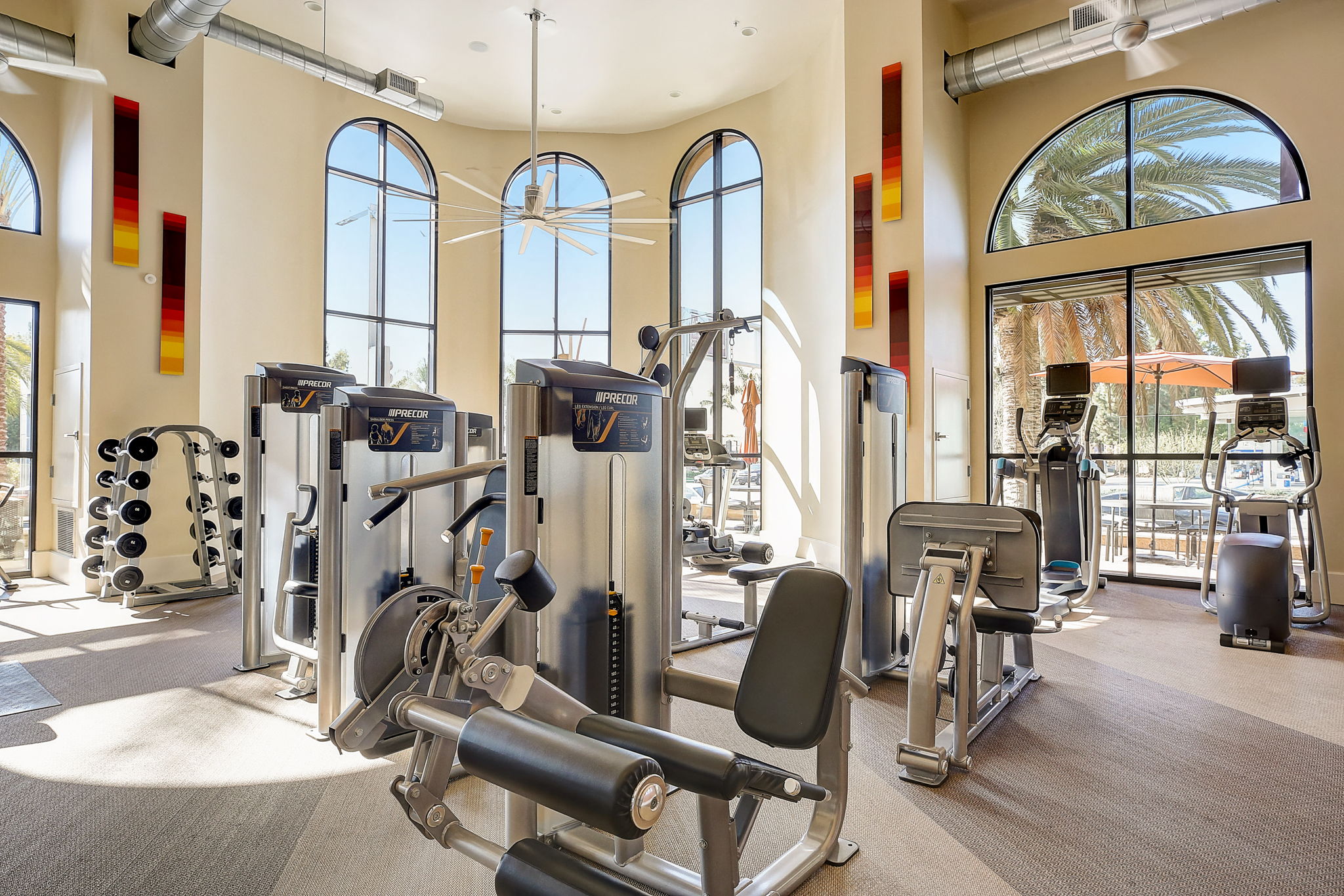 Gym at Aria Apartments with fitness equipment and cardio machines